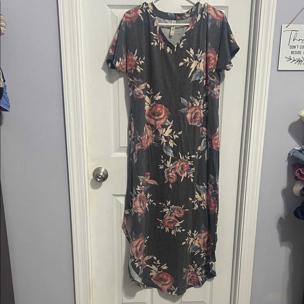 Tickled Teal Floral Maxi Dress - Dark Gray and Rose